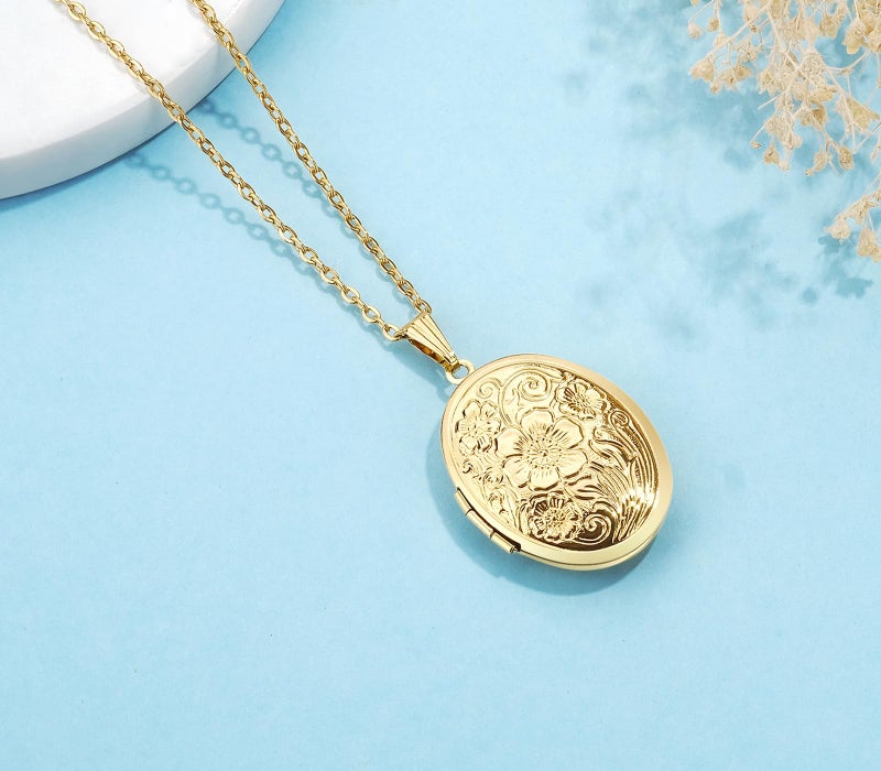 YOUFENG Oval Round Flower Locket Necklace that Holds Pictures Photo Locket Pendant Oval Gold-plated - Image 3